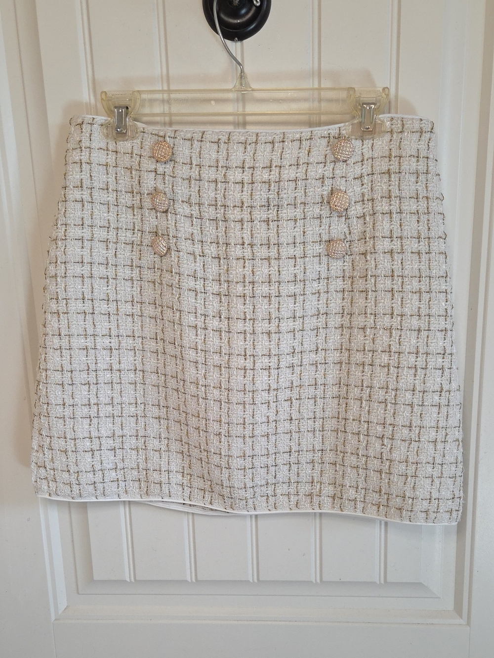 Sparkly Metallic Tweed Cream Mini Skirt with Gold-Tone Buttons